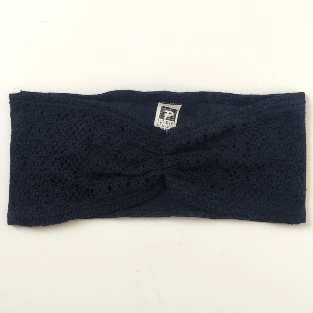 Paris 90's Vintage Crochet Knit Strapless Ruched Cropped Bandeau Top Black OS